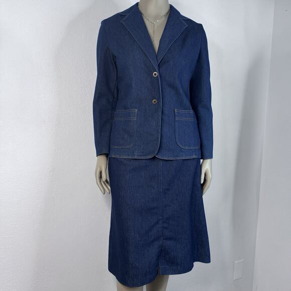 Vintage 70s Mr. Mort Denim Jean Skirt Suit 2 Piece Blazer Jacket & Skirt Set USA - Picture 2 of 12